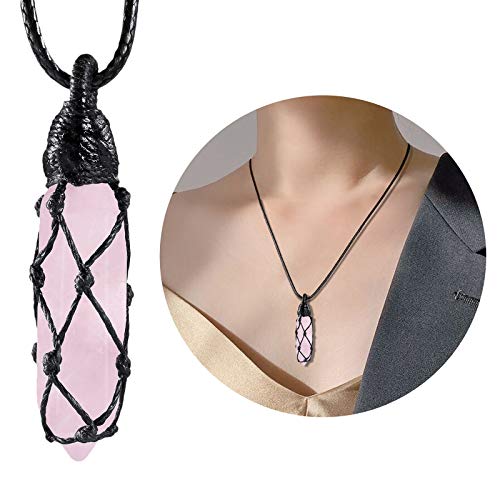 Tumbeelluwa Hexagonal Rose Quartz Crystal Points Pendant Necklace For Unisex Wrapped Stone Wand Pendant With Adjustable Cord #TOP3