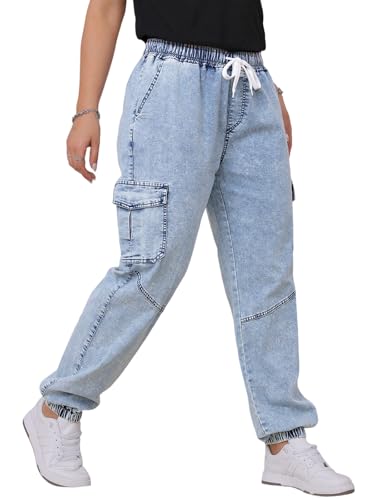Women's High Waisted Drawstring Denim Joggers Stretch Sweatpant Jeans with Elastic Waist