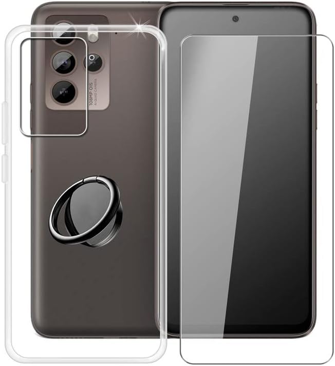 Clear Case for HTC U23 Pro (6.7") with 1 x Tempered Glass +360° Cell Phone Metal Ring Holder, Slim Soft Silicone Military Grade Shockproof TPU Cover for HTC U23 Pro