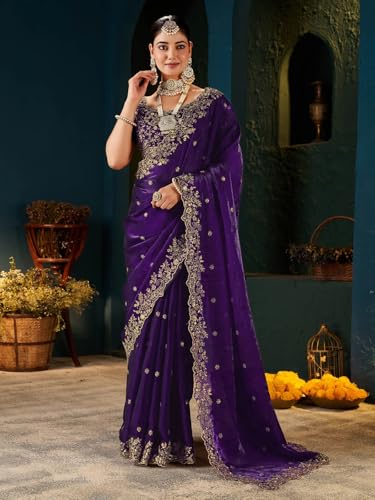 Image of SIRIL Women's Tissue Silk Sequence Embroidery Saree with Unstitched Blouse Piece
