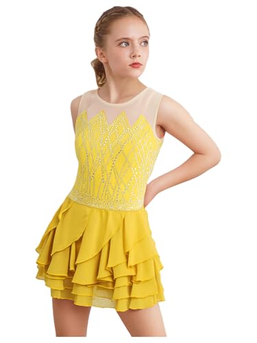 TiaoBug Maillot De Patinaje Artístico para Niñas Vestido Sin Mangas con Falda Tutú Maillot Gimnasia Rítmica Traje Bailarina Actuación Amarillo 3-4 años