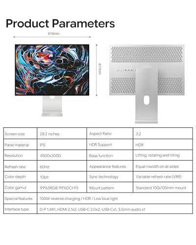 Image of P20 28.2'' UHD 4.5K (4500 x 3000) Glossy Monitor, IPS Panel, 99% sRGB, 99% DCI-P3, 10-Bit Colors, 192PPI, 60Hz, HDR, 1500:1, Eye Care, Low Blue Light (Honeycomb - with Stand x2)