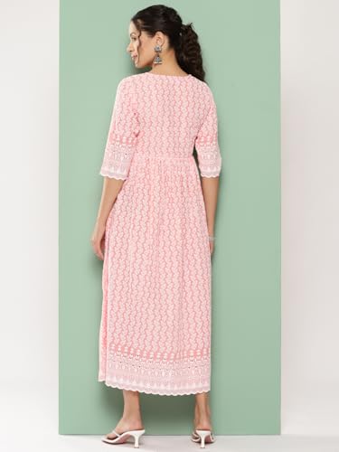 Image of Libas Womens Embroidered Cotton Fit and Flare Dress for Women