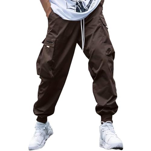 Men's Streetwear Cargo Pants Casual Drawstring Elastic Waist Baggy Sweatpants Techwear Joggers with Flap Pockets