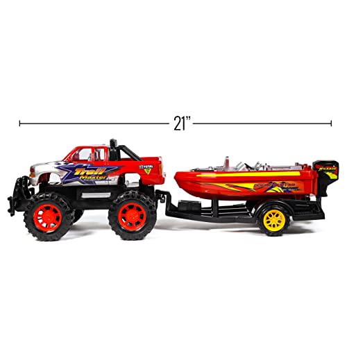 Kidplokio Friction Power Off Road Monster Toy Truck Speed Boat With Trailer Hitch, Red, Boys, Ages 3+ #TOP1