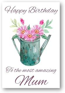 Second Ave Mum Water Can Pink Flowers Cute Happy Birthday Card Greetings Card for Her