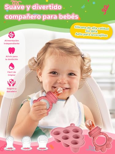 ORAGKE Chupete Fruta Bebe con 3 Tetinas de Silicona sin BPA, Chupetes y Recipiente Bandejas Congelar Comida con Tapas para Alimentacion Complementaria Bebe Denticion, Leche Materna, 4 Meses+ (Rosa) - imagen 6