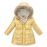 TiaoBug Niñas Abrigo de Invierno Grueso Cálida Chaqueta Plumas Caliente Acolchada Largo con Pelo Capucha y Cremallera Ropa Exterior Infantil 3-12 Años Dorado 5-6 años