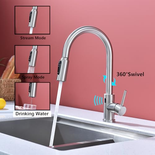 Kmeino 3 In 1 Kitchen Faucet Touchless With Pull Out Sprayer Brushed Nickel Kitchen Faucet With Drinking Water Faucet Kitchen Sink Faucet 1 Hole Single Handle thumb #2