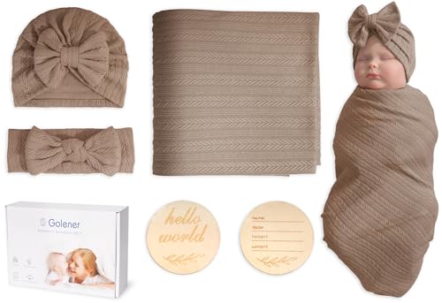 Image of Golener Baby Swaddle Blankets for Boys&Girls, Newborn Swaddle Set with Matching Hat and Headband Bow with Wooden Birth Announcement Card, Simulate The Living Environment in The Mother's Womb(Brown)