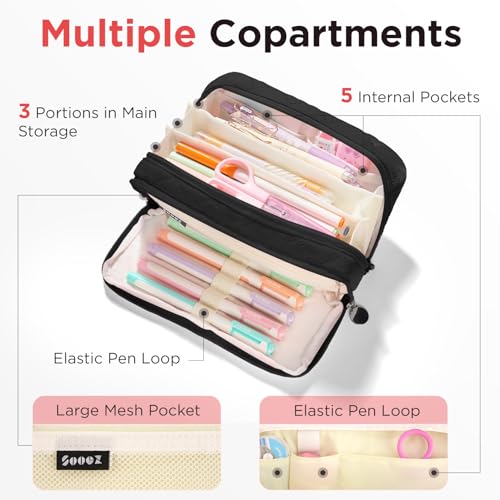Image of Sooez Large Pencil Case Pouch, Extra Big Pencil Bag with 8 Compartments, Pen Bag Wide Opening, Soft Quilted Pencil Pouch Organizer with Zipper, Portable Pencil Case for Teen Girls, Black