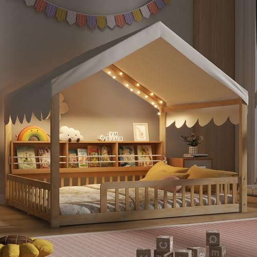 Image of Full Size Wooden Floor Bed for Kids,House-Shaped Daybed with Fense,3 Storage Bookshelves,Curtain and LED Light (Natural+Beige6)