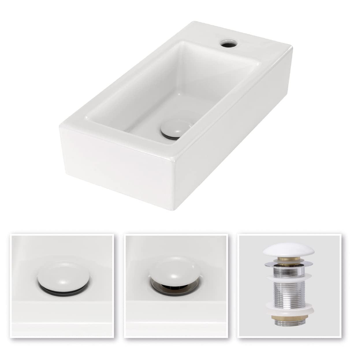 Lavabo sobre Encimera Rectangular en Ceramica Brillante VOMANO | 25x50x24 cm | Incluye Tapon "Pop Up" con Valvula de Desague Click Clack | Sin Taladro Grifo | Color Blanco