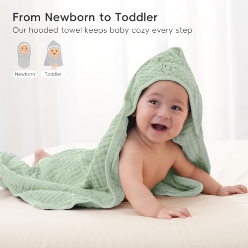 Image of PHF 100% Muslin Cotton Baby Hooded Towels, 2 Pack Bath Towel with Hood for Newborn, Infant, Toddler, Ultra Soft and Absorbent Baby Bath Essentials, Shower Gifts for Boys Girls, 32x32Inch, Leaf