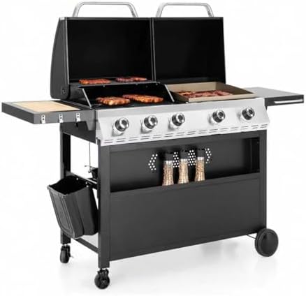 Dual Fuel Outdoor Grill Combo with Porcelain-Enameled Grates - Flat Top Griddle & Charcoal Options for Backyard Cooking (Grill and Griddle Combo)