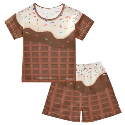 ALAZA Chocolate Ice Cream Waffle Pajamas Set Short Sleeve Cotton Sleepwear Summer Pjs 2 Piece 5-14Y