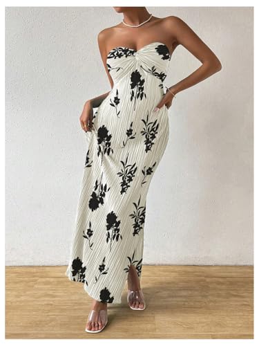 Image of Milumia Women's Twist Front Strapless Bodycon Dress Summer Split Thigh Maxi Tube Dresses Vacation Outfits