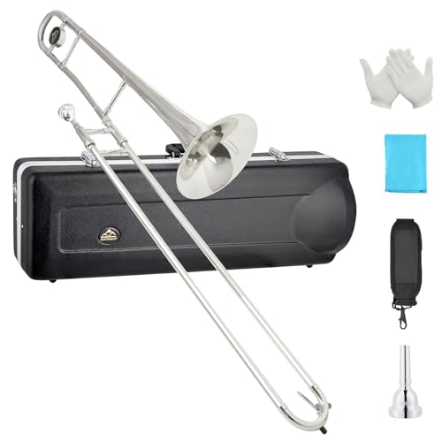 EASTROCK Bb Tenor Slide Trombone, B Flat Brass Plated Trombone Instrument for Beginners Students with Hard Case, with Mouthpiece, White Gloves (12.5mm/200 mm), Nickel