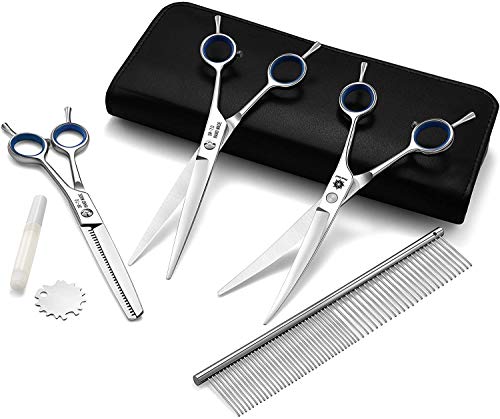 Dream Reach Dog Grooming Scissors - 7'' Professional Pet Cat Hair Scissors Set - Best Cutting & Curved & Thinning Shear Scissors & Grooming Comb Kit for Small Large Dogs Cats Pets