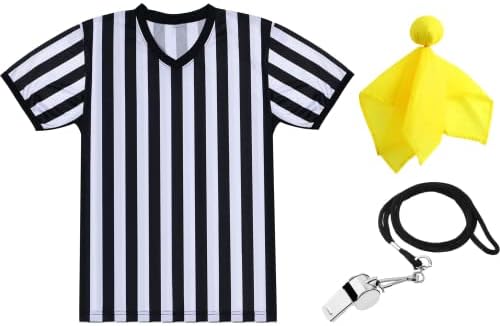 SATINIOR Men's Official Uniform Black and White Stripe Pro-Style Neck Referee Shirt, Officiating Umpire Jersey and Stainless Steel Whistle with Lanyard for Basketball Football Soccer (XXXL)