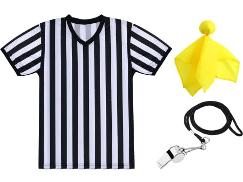 SATINIOR Men's Official Uniform Black and White Stripe Pro-Style Neck Referee Shirt, Officiating Umpire Jersey and Stainless Steel Whistle with Lanyard for Halloween Basketball Football Soccer (XXL)