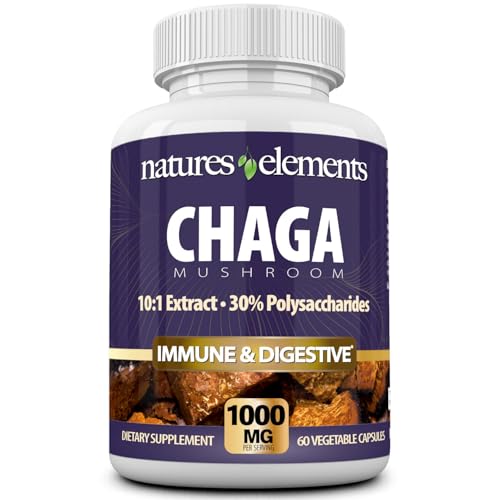 Natures Elements Chaga Mushroom 10:1 Standardized Extract with 30% Polysaccharides 1 000mg Per Serving 60 Veggie Capsules Supports Immune Health - Non-GMO Gluten-Free Herbal Supplement