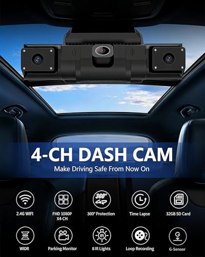 4 Channel 360 Dash Cam Front and Rear Inside & Left Right for Cars, 1080P with GPS 2.4GHz WiFi & APP Control, IR Night Vision, WDR, G-Sensor,Loop Recording, 24H Parking Mode,32GB Card for Taxi — view 4