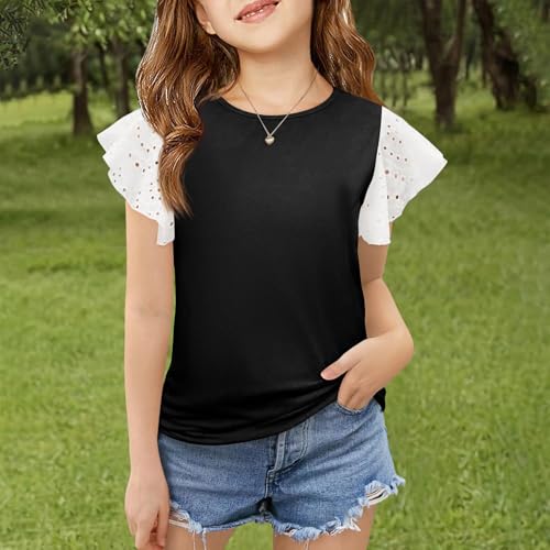 Girls Ruffle Sleeve Shirts Summer Crewneck Eyelet Tee Tops Toddler Girls Casual Cute Blouse Teens Solid Summer Clothes2
