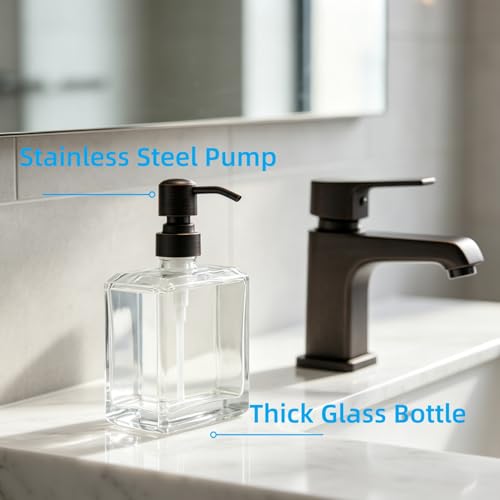 Image of Square Clear Glass Dish Soap Dispenser Oil Rubbed Bronze Pump, Antique Refillable 13.5 oz Hand Soap Lotion Dispenser with Rust Proof Stainless Steel Pump for Bathroom Kitchen