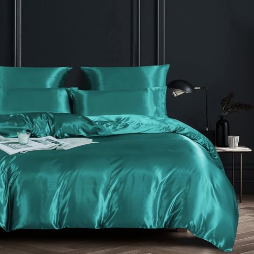 YASMENG Housse de Couette Satin 140x200 Turquoise Uni Brillant Deluxe Parure de Lit Satin Doux Lisse Soyeux Soie Linge de Lit 1 Personne avec Fermeture Éclair...