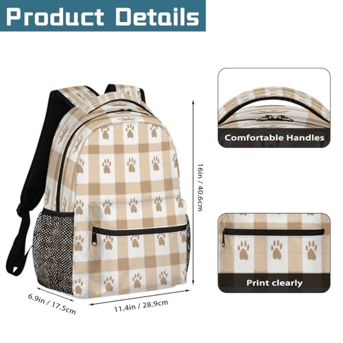 Brown White Checkered Paws Kids Backpack, Lightweight School Bookbag Large Capacity Laptop Backpack Water Resistant Daypack Shoulder Bag for Teenager Boys Girls2