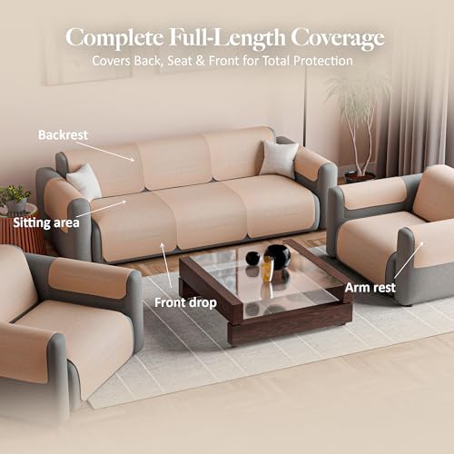 Image of Kuber Industries 5 Seater Sofa with Arm Cover | Slipcover for Living Room | Thick & Cozy | Non-Slip Comfort Sofa Cover Set | Columbia 258003 - Brown