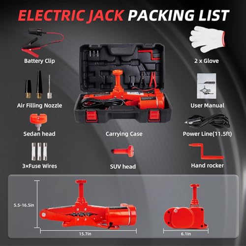 Image of STANDTALL Electric Car Jack 3 Ton 12V Scissor Floor Jack Kit | Lift Range 5.5-16.5in, Sturdy Base, Electric Motor Drive, Corded Handle with LED, Fits Sedan SUV, Portable Case