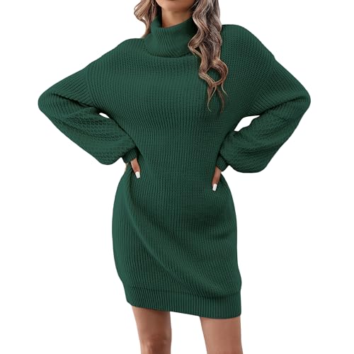 Women's Turtleneck Textured Lantern Sleeve Ribbed Knit Mini Dress Pullover Oversized Sweater Dresses S-XL