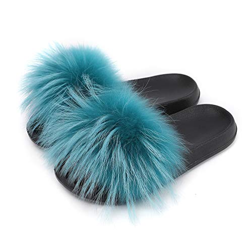 Valpeak Real Raccon Fur Slippers Slides Indoor Outdoor Flat Soles Open Toe Fuzzy Slides Slippers Indoor Fluffy House Slippers ( lake blue,8-9)