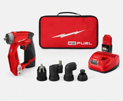 Image of 2505-22 Installation Drill Driver Kit FOR Milwaukee M12 FUEL 12V 4 in 1 Drill Driver with FOR Redlithium Batteries Charger 3/8 Chuck 1/4 Hex Offset Right Angle