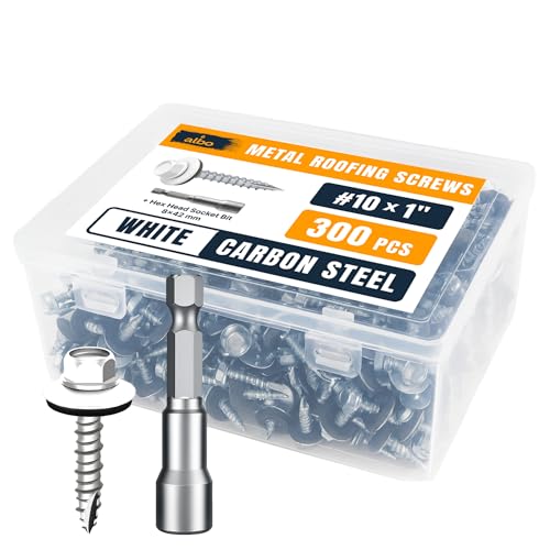Image of ALBO 300 Pcs #10 x 1 White Metal Roofing Screws, EPDM Washers | High-Low Threads Help Prevent Loosening, Leak-Resistant Seal, Sharp Point Helps Skip Pilot Holes, Hex Bit Included