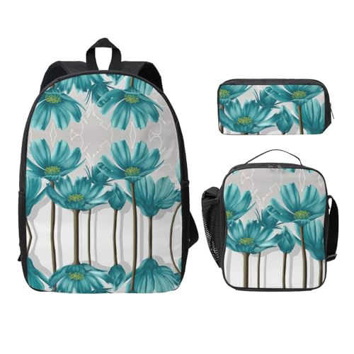 Mochila escolar ligera juvenil de flores con portameriendas y estuche negro