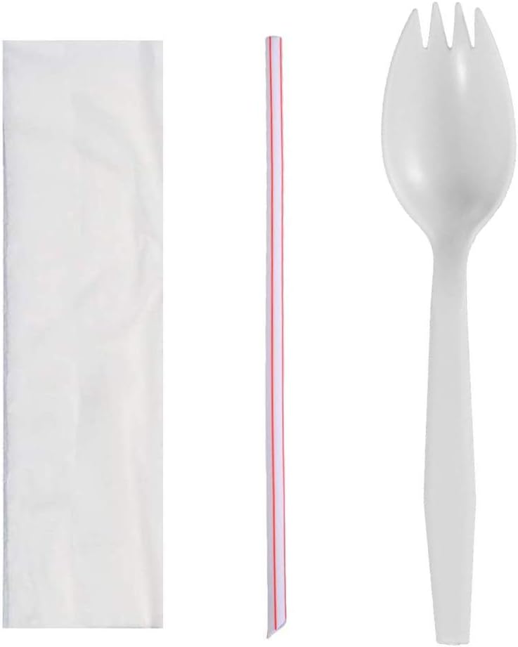 Daxwell Plastic Cutlery Kits, Medium Weight Polypropylene (PP), Spork, Spike Straw, Napkin, White, B10003081 (Case of 1,000)