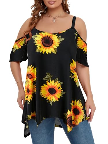 Image of LARACE Cold Shoulder Tops for Womens Summer Clothes Spaghetti Strape Tunic Oversized Shirts Asymmetrical Plus Size Blouse