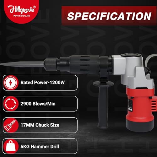 Image of Hillgrove HGCM536M8 17mm Demolition Chisel+Hammer Concrete Breaker Drill Machine with 2 Bits for Breaking Concrete Wall /Hammer Drill (17 mm Chuck Size, 1200 W)
