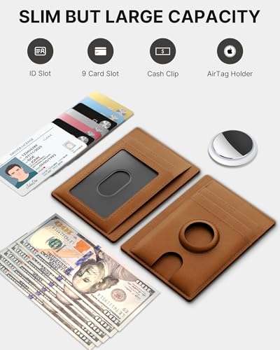 Mens Slim Wallet for Airtag, Premium Crazy Horse Leather Front Pocket Card Case with AirTag Holder, RFID-Blocking Mens Wallet Card Case, Yellow2