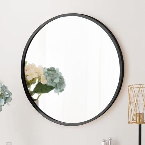 アルミフレーム円形壁掛けミラー おしゃれ家庭用化粧鏡 浴室・洗面所・玄関向け 浴室用化粧鏡兼用 (30cm,ブラック)