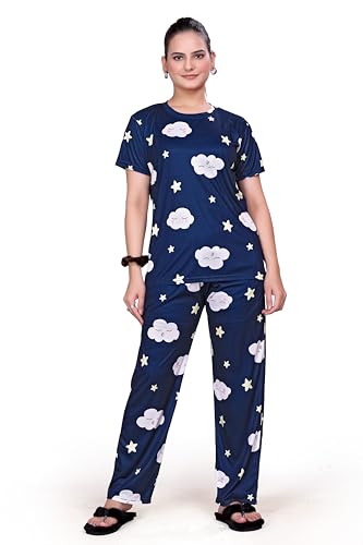 BlackBasket Women's Printed Night Suit Set | Soft & Breathable Top & Pyjama Set for Women | Stylish Relaxed Fit Sleepwear for Everyday Comfort | Perfect Lounge Wear for Home & Travel (Navy-Blue, XL)