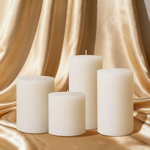 SRCVYLT Ribbed Pillar Candles Set of 4, Width...