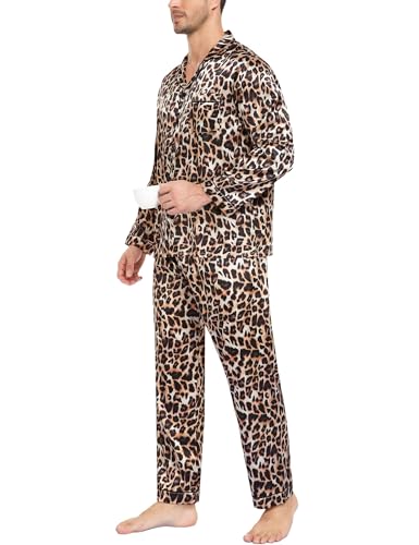Image of SWOMOG Mens Silk Satin Pajamas Set Long Sleeve Sleepwear Button-Down Pj Two-piece Loungewear with Long Pants S-XXL