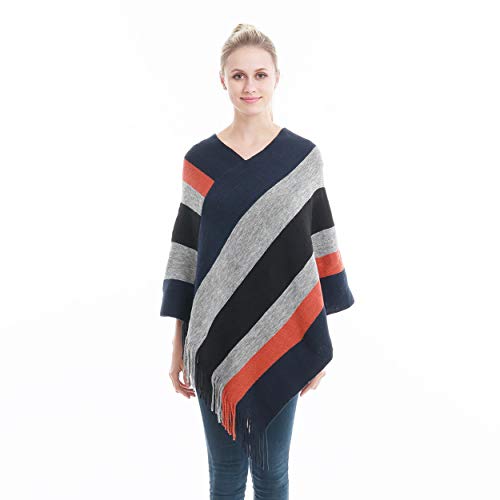 Classic Soft Knit Poncho Shawl Wrap - Winter Warm Fringe Tassel Colorblock Sweater Cape V-Neck Stripe Pullover Navy
