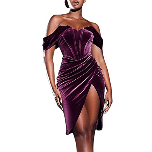 LLDYYDS Dresses for Women Party Casual Short Cut Out Dresses Bodycon Women Sexy Korean Velvet Sleeveless V Collar Wrap Ruched Formal Split Dress Nightclub Dress Purple Large