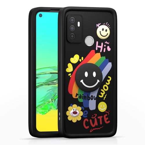 Image of Pikkme Back Cover for Oppo A53 | Soft Silicone| Cute Rainbow Smile & 3D Cartoon Flower Design | Shockproof Raised Camera Protection Bumper Case (Black)