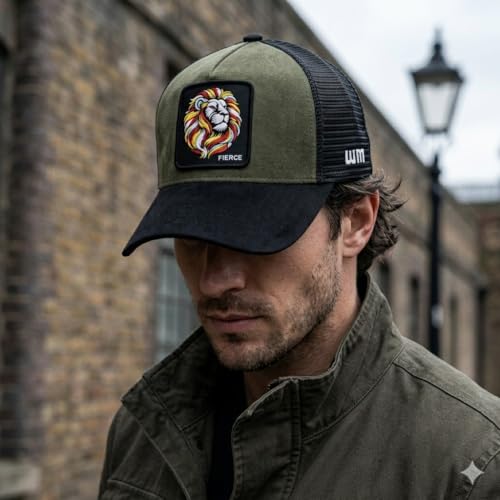 Image of Baseball Cap for Men Original Adjustable Unisex Cap, Mens Caps Stylish, Green & Black Suede Cap with Net Back, Structured 5 Panel A-Frame Trucker Hat with Lion Logo, Fierce King